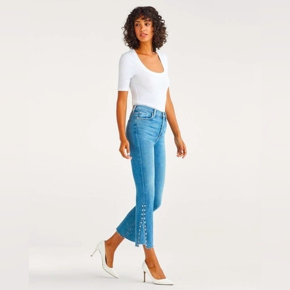 7 FOR ALL MANKIND LUXE VINTAGE High Waist Slim Kick With Studs Beau Blue 30 - Picture 1 of 12
